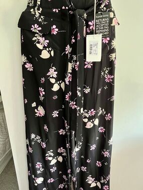 Valentino Black Floral Wide-Leg Pants with Pink and Cream Flowers